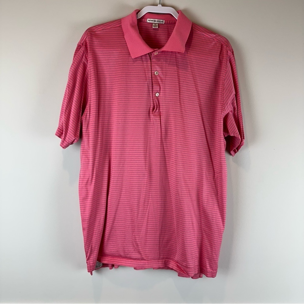 Peter Millar Pink Blue Stripe 100% Cotton Short Sleeve Golfing Polo Shirt XL